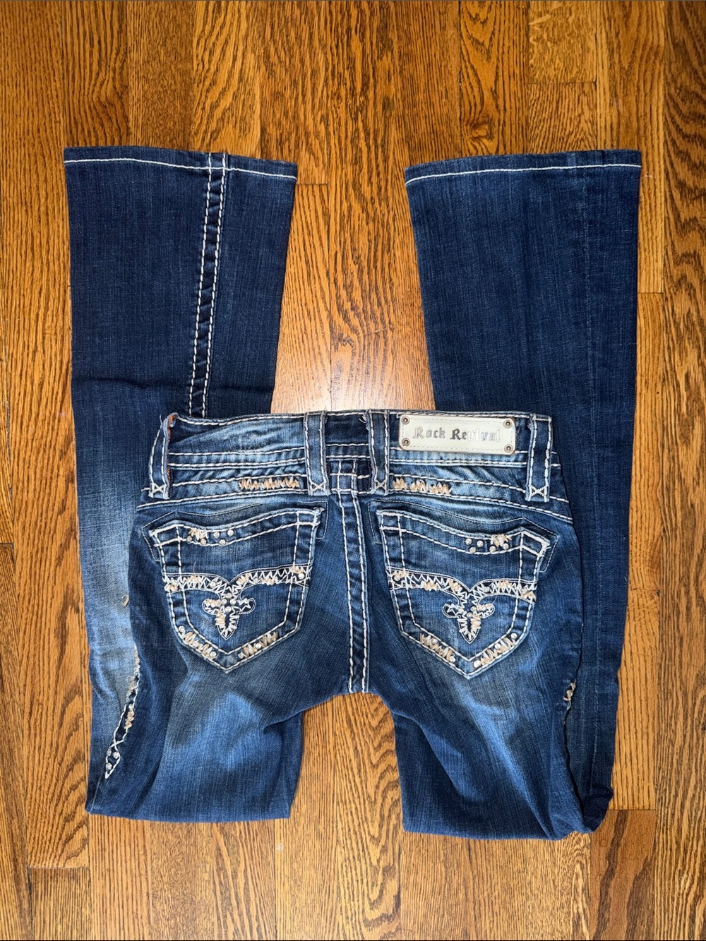 2000s Vintage Y2K Rock Revival Dark Blue Embroidered Bedazzled Boot Cut Jeans